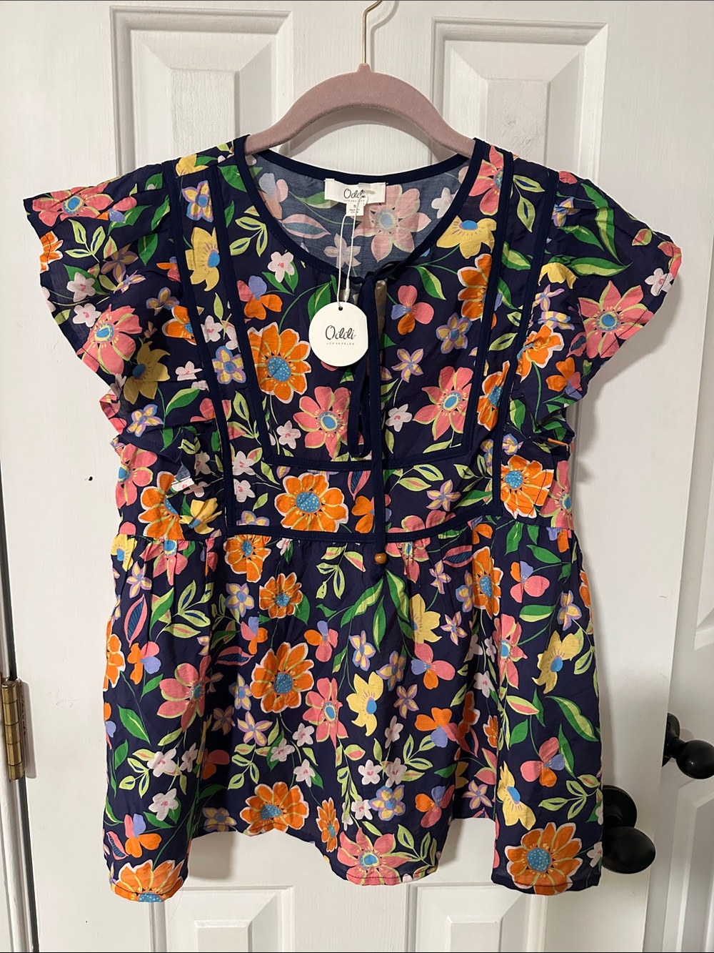 Oddi NWT Boutique Navy Floral Flutter-Sleeve Peplum Blouse Size Small S